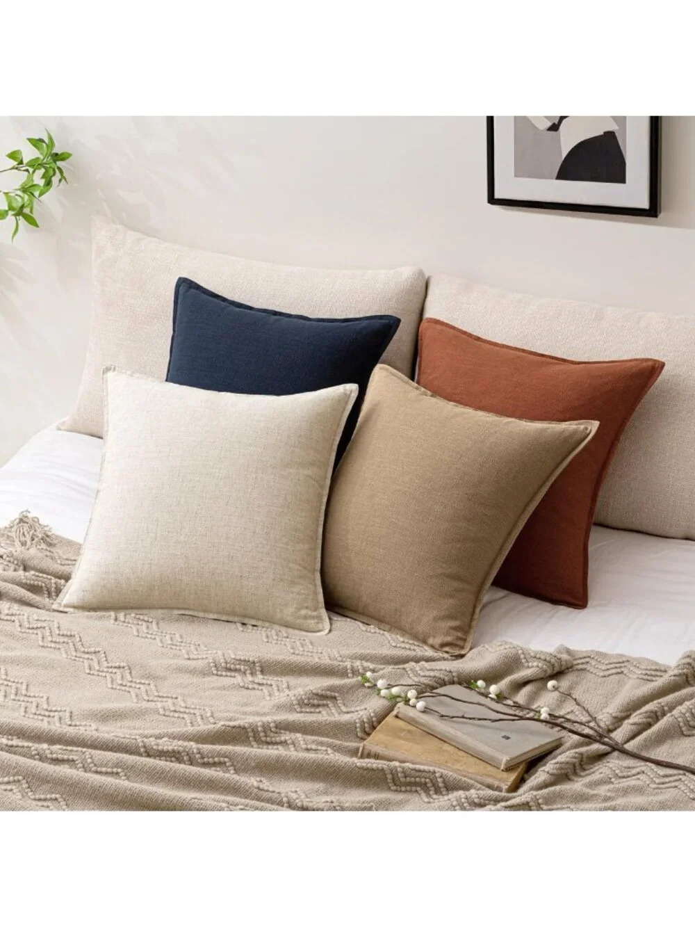 Set of 2 18x18 Inch Decorative Linen Throw Pillow Covers - Boho Farmhouse Accent
